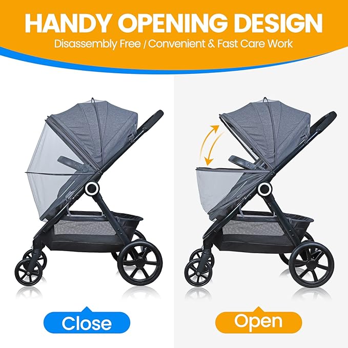 Orzbow Universal Mosquito Net for Stroller, Baby Bug Net with Two-Way Zippers & Storage Bag, Breathable & Foldable Mosquito Netting for Strollers, Car Seat, Bassinet, Portable Mini Crib, Dark Grey-BubblyBeeBaby