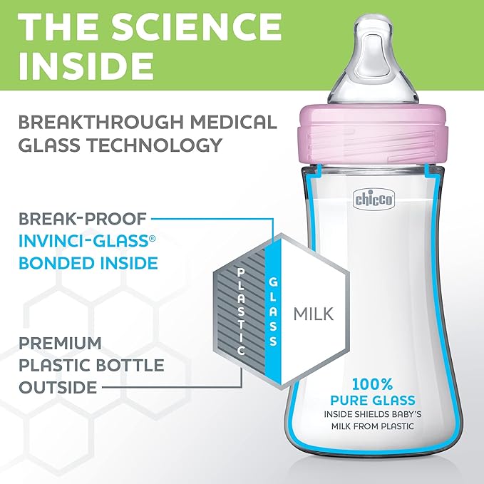 Chicco Duo 9oz. Hybrid Baby Bottle with Invinci-Glass Inside and Plastic Outside | Dishwasher, Bottle Warmer, and Electric Sterilizer Safe | Intui-Latch Nipple | Clear/Pink, 2pk-BubblyBeeBaby
