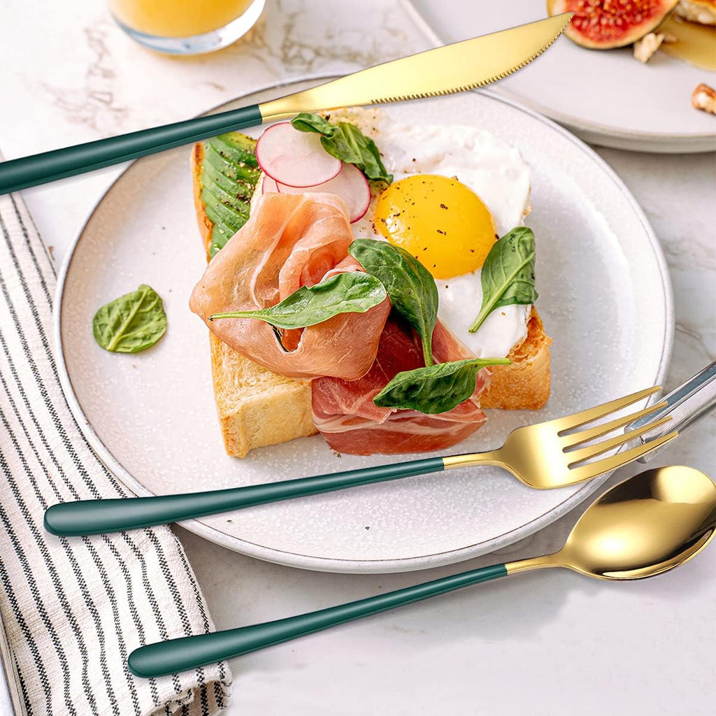 AARAINBOW 6 Pieces 18/8 Stainless Steel Flatware Set Portable Reusable Cutlery Set Travel Utensils Set Including Chopsticks Knife Fork Spoon Straws Cleaning Brush Dishwasher Safe (Green golden)