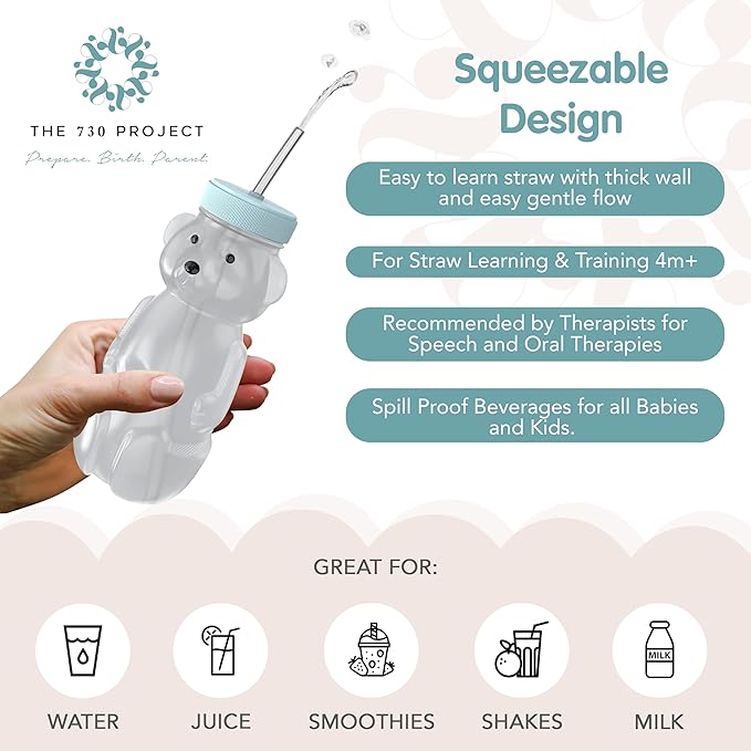 Honey Bear Straw Cup for Babies, 8oz Honey BearCup with Bottle Brush, 2-Pack Improved Lid Therapy Learning Honeybear Straw Cup for Baby, Blizzard & Creamsicle-BubblyBeeBaby