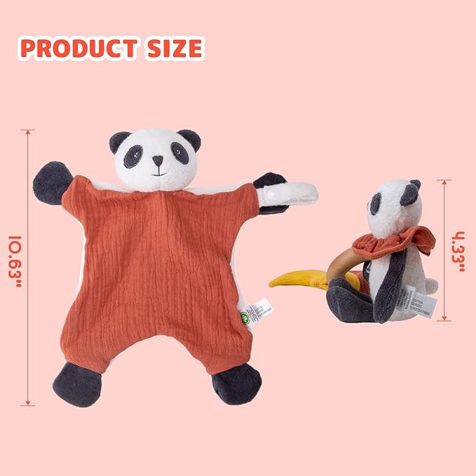Organic Cotton Stuffed Animal Rattle Baby Toys, Organic Panda Cuddle Cloth & Organic Panda Activity Ring Plush Toy Set for Newborns Infant Boys Girls, 2 PCS-BubblyBeeBaby