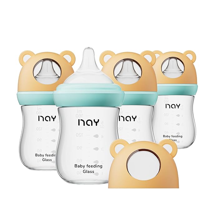Natural Glass Baby Bottle for Breastfeeding Babies, 5.4oz Anti-Colic Baby Bottle with Natural Response Nipple(S), Clear, Wide Neck, 4 Pack, 1 Months+-BubblyBeeBaby