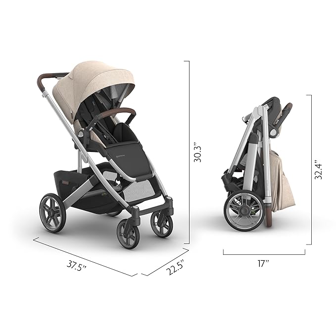 UPPAbaby Cruz V3 Stroller - from Birth + Car Seat Compatible - Full-Size, Reversible Seat - Infant Insert, Bug and Rain Shields Included - Declan (Oat Mélange/Silver Frame/Chestnut Leather)-BubblyBeeBaby