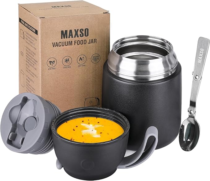 Insulated Thermo Food Jar for Hot & Cold Food for Kids Adult, 17 oz Soup Thermal Hot Food Containers for Lunch, Triple Layer Insulation Stainless Steel Food Jar with Spoon (Black)-BubblyBeeBaby