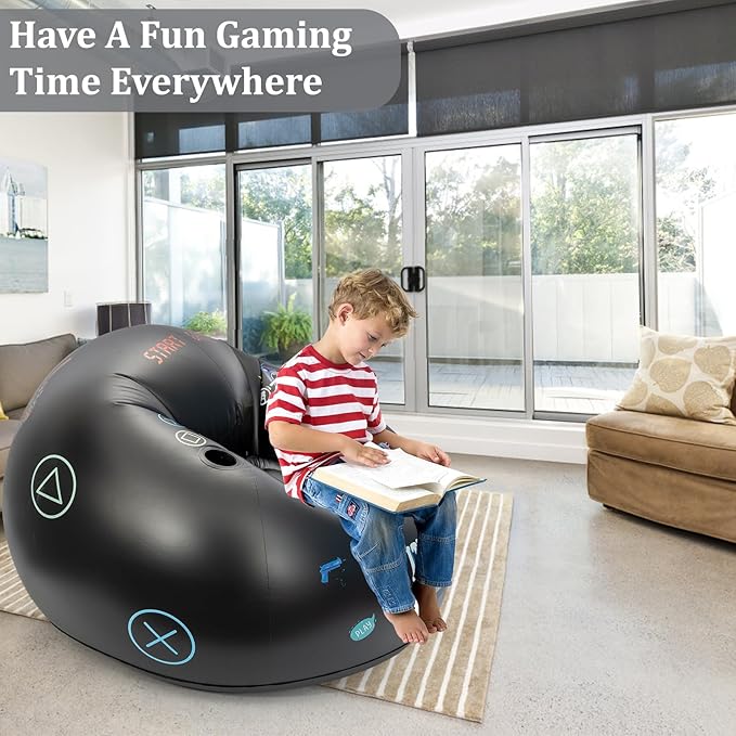 Inflatable Gaming Chair for Kids, Floor Bean Bag Chair for Teens - Boys Room Furniture with Cup Holder and Side Pocket, Inflatable Gaming Couch for Boys Room, Cool Kids Blow Up Couch Decor for Teens-BubblyBeeBaby