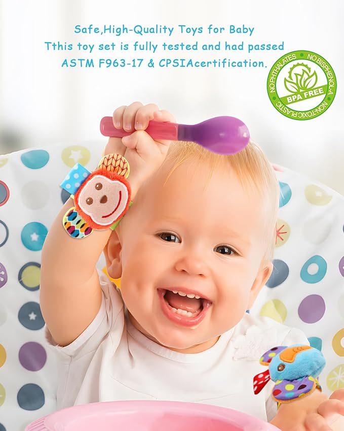 Infant Rattle Socks Toys 0 to 12 Months, Baby Wrist Rattle Foot Finder Socks Set, Birthday Holiday Present for Newborn Boy Girl 0/3/4/6/7/8/9/12/18 Months Kids Toddler, Gift Box Package (4A)-BubblyBeeBaby