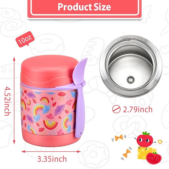 10oz Soup Thermo for Hot Food Kids,Lunch Thermo Kids Food Jar with Spoon Hot Insulated Food Containers,Leak Proof Stainless Steel Wide Mouth Lunch Food Thermo Jar for School(Pink-Rainbow)-BubblyBeeBaby