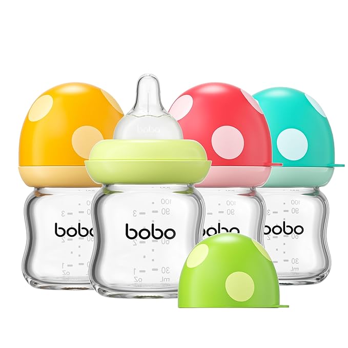 YOHKOH Natural Glass Baby Bottle with Natural Response Nipple, Newborn Anti-Colic Baby Bottles, Wide Neck Mushroom Cap Baby Bottle, Clear (Multicolour-A, 3.4oz (Pack of 4))-BubblyBeeBaby