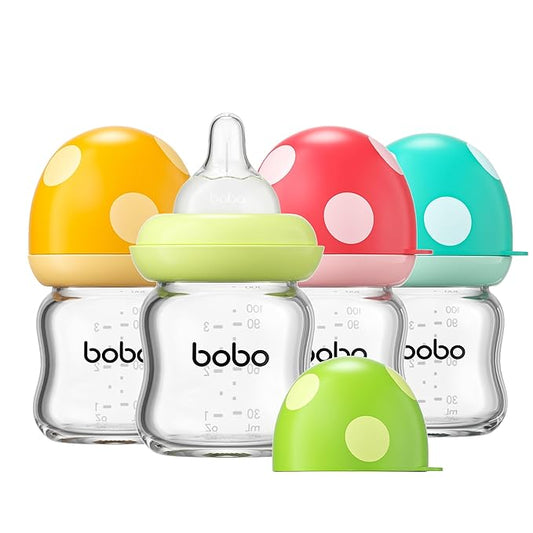 YOHKOH Natural Glass Baby Bottle with Natural Response Nipple, Newborn Anti-Colic Baby Bottles, Wide Neck Mushroom Cap Baby Bottle, Clear (Multicolour-A, 3.4oz (Pack of 4))-BubblyBeeBaby