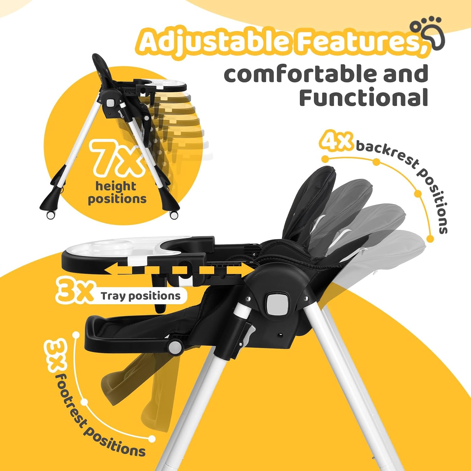 JOYMOR Foldable Baby High Chair, 4 in 1 Convertible Highchair for Eating, Height Adjustble and Multiple Recline, Compact Foldable Design for Easy Storage (Black)