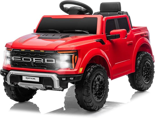 12V Ride on Car Licensed Ford F-150 Raptor, Kids Electric Car with Remote Control, LED Light/Music/MP3, Truck Bed Storage, 3-Point Seat Belt (12V, Red)-BubblyBeeBaby