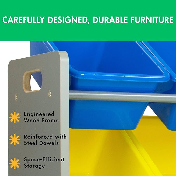 Humble Crew Kids Toy Storage Organizer with 12 Plastic Bins, Grey/Blue/Green/Yellow – Removable Bins for Playroom, Bedroom, Toddler Furniture for Boys and Girls Ages-BubblyBeeBaby