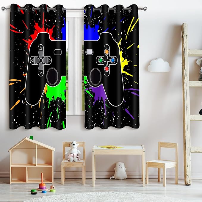 Jekeno Game Controller Blackout Curtains for Kids Boys Teens Bedroom Colorful Video Game Gamer Gaming Gamepad Decor for Home Living Room Grommet Window Drapes 2 Panel Set, 52"x84"-BubblyBeeBaby