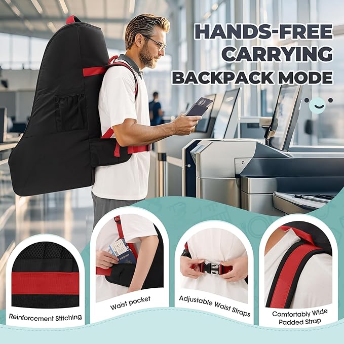 RAINSMORE Padded Car Seat Travel Bag for Airplane Heavy Duty Car Seat Backpack for Air Travel Baby Carseat Cover Bags for Airport Large Car Seats Carrier Fits Car Seats & Booster Seats, Black-BubblyBeeBaby