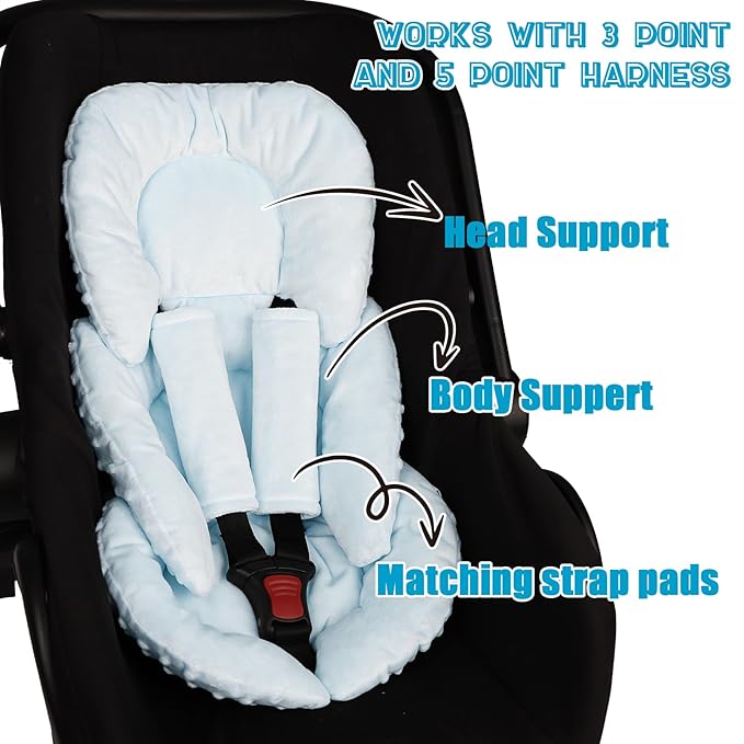 GFU Infant Car Seat Insert Head and Body Support, Reversible Newborn Insert for Carseat with Strap Pads, Soft Stroller Cushion Pillow Insert for Boys and Girls, Fits for Stroller, Swing, Lightblue-BubblyBeeBaby