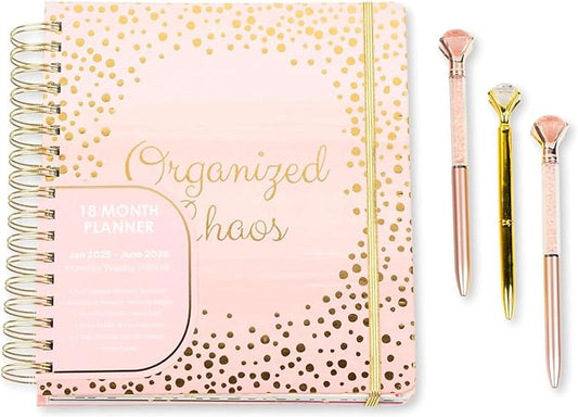 2025-2026 Monthly Large Planner- Daily, Weekly & Monthly Organizer with 3 Pens & Stickers - Organized Chaos Pink, January 2025 to June 2026, Stylish & Durable-BubblyBeeBaby