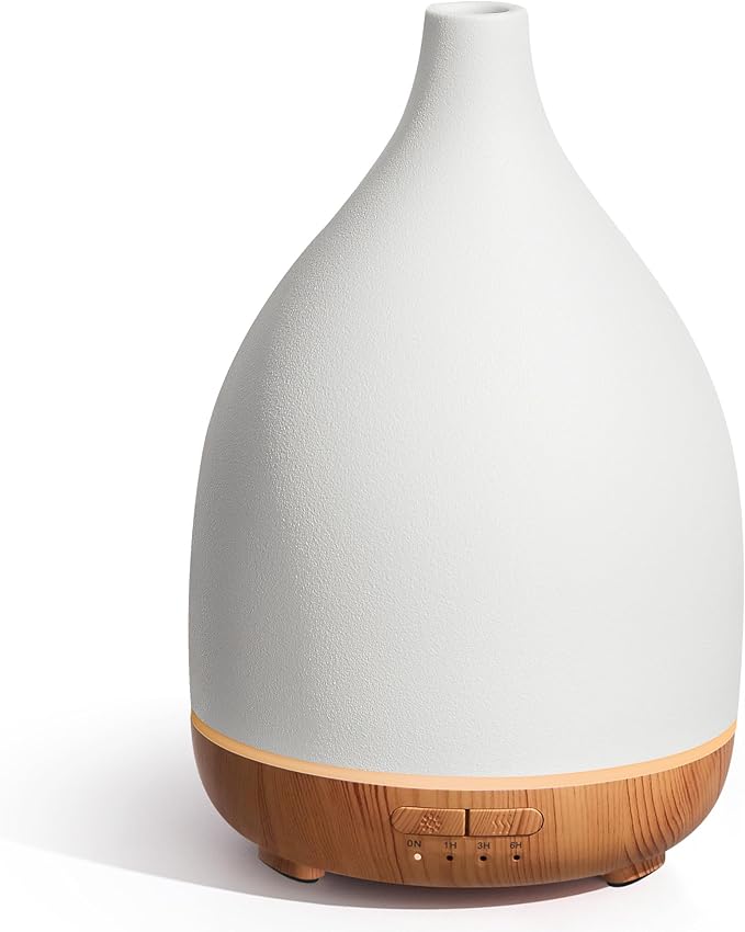 InnoGear Oil Diffuser, 300ML Ceramic Diffuser for Essential Oils Handcrafted Aromatherapy Diffuser Ultrasonic Cool Mist Humidifier with 4 Timers Waterless Auto Off for Room Office, White-BubblyBeeBaby