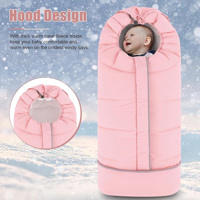 Yoofoss Stroller Cover for Winter, Toddler Stroller Footmuff Universal for Most Stroller, Water Resistant Warm Coral Baby Stroller Bunting Sleeping Bag Pink-BubblyBeeBaby