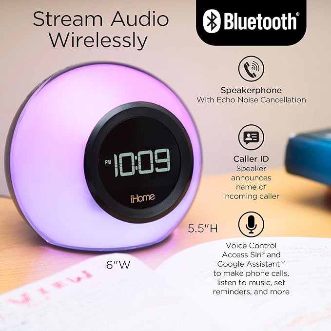 iHome Alarm Clock Radio with Bluetooth Speaker and Color Changing Lamp, USB Charging, and Speakerphone for Home, Office, or Dorm (IBT29BX6)-BubblyBeeBaby