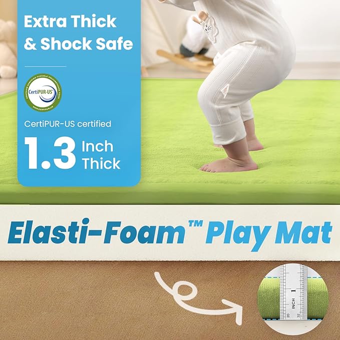 1.3" Thick Baby Play Mat for Floor Playpen, 50x50 Foam Tummy Time Mat, Padded Support Soft Plush Nursery Rug for Infant Kids Toddler Crawling Kick Activity (Light Green)-BubblyBeeBaby