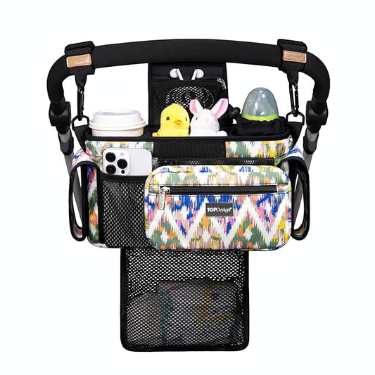 TOPDesign Universal Baby Stroller Organizer Caddy with Detachable Mesh Bag & Heightened Insulated Cup Holders & Non-Slip Secure Hooks Accessories, Fits Most Strollers (Colorful)-BubblyBeeBaby