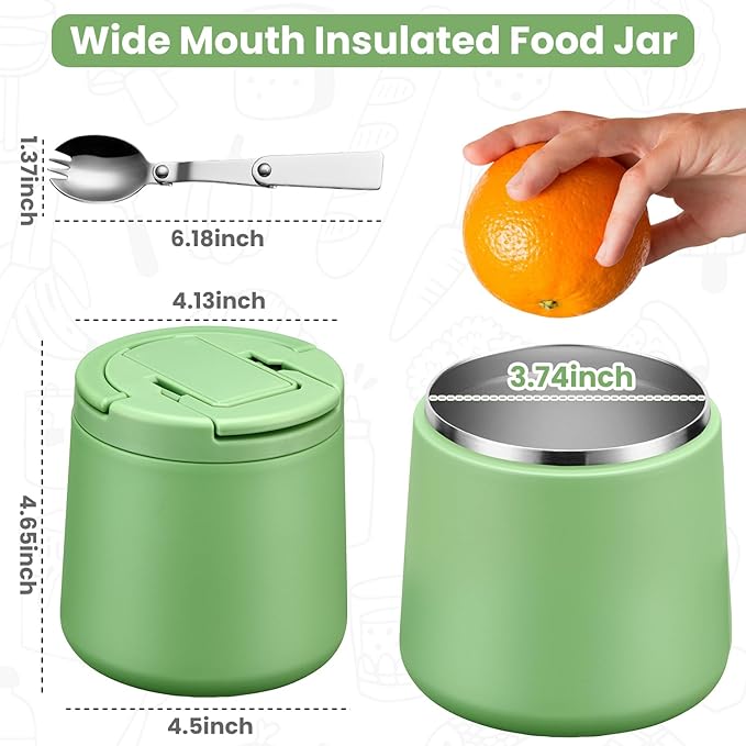 20oz Insulated Vacuum Food Jar with Buckle Lid,Soup Thermo for Hot Food Kids,Wide Mouth Leakproof Stainless Steel Lunch Container with Spoon-Green-BubblyBeeBaby
