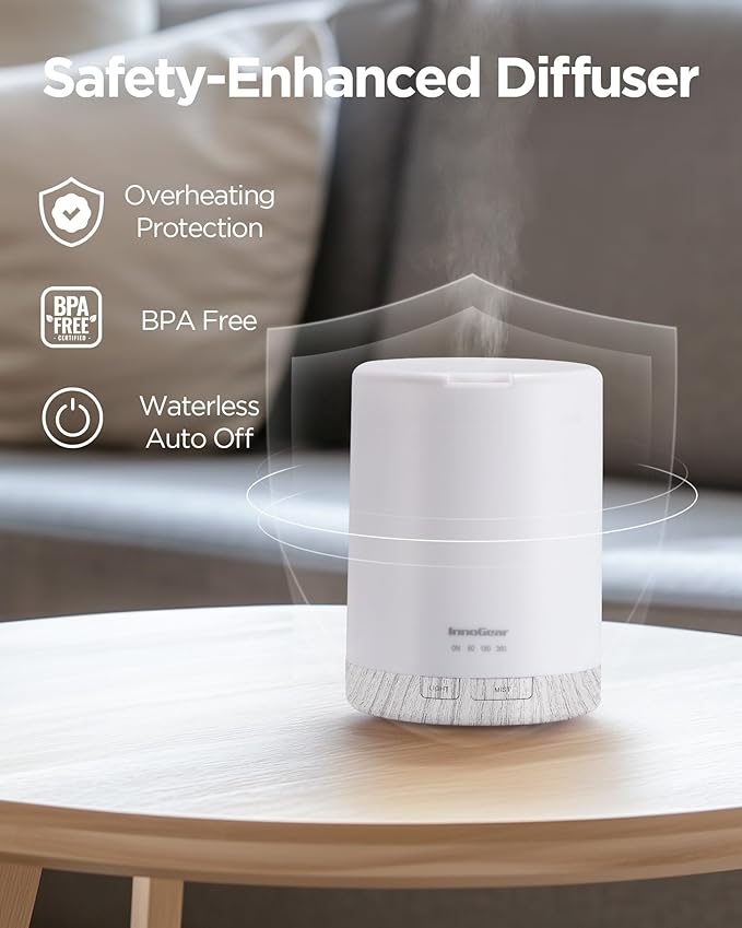 InnoGear 300ML Essential Oil Diffuser, Premium 5-in-1 Ultrasonic Aromatherapy Diffusers Scent Humidifier Aroma Diffuser Vaporizer Auto-Off Timer for Room Office Home, White, Medium-BubblyBeeBaby