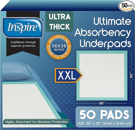 Inspire Extra Large Super Absorbent Disposable Bed Pads for Incontinence (36" X 36" Pack of 50) Ultra Thick and Absorbent Underpads Chux Adults, Puppies, Dogs Kids Furniture Protection-BubblyBeeBaby
