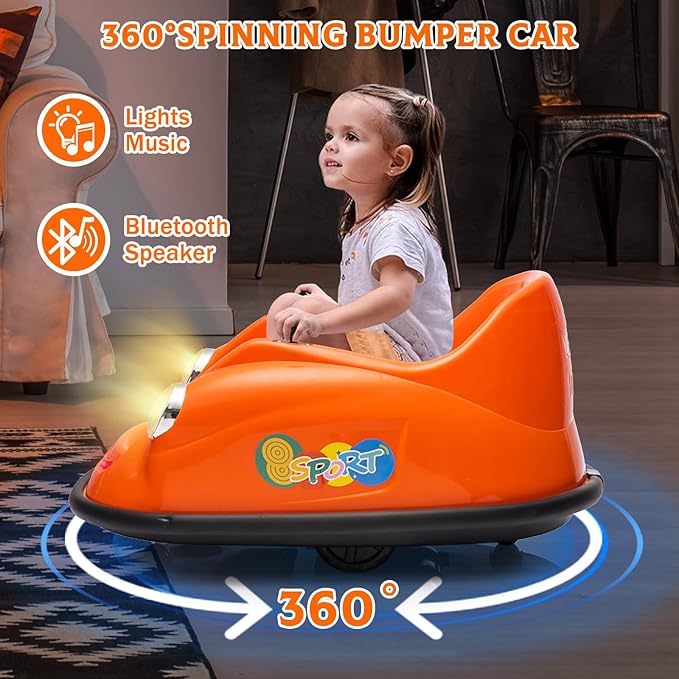 12V Bumper Car for Toddlers, Electric Toy Ride on Battery Car with Kids W/Parent Remote Control, 2-Speed, 360 Degree Spin, Music & LED Lights for Kids, Orange-BubblyBeeBaby