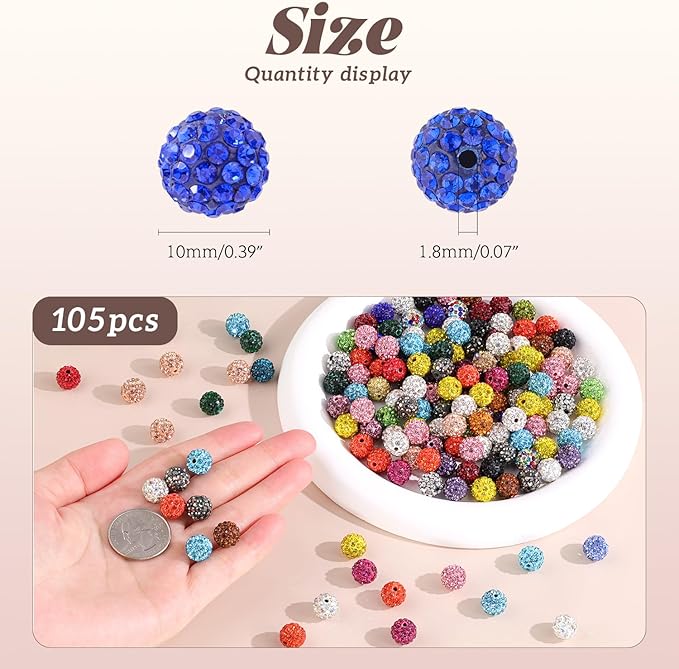 105pcs 10mm Rhinestone Beads for Jewelry Making, Champagne Pink Shiny Round Disco Ball Beads Bulk, Sparkle Crystal Clay Christmas for Bracelet Baseball Necklace Earring Crafting and DIY-BubblyBeeBaby