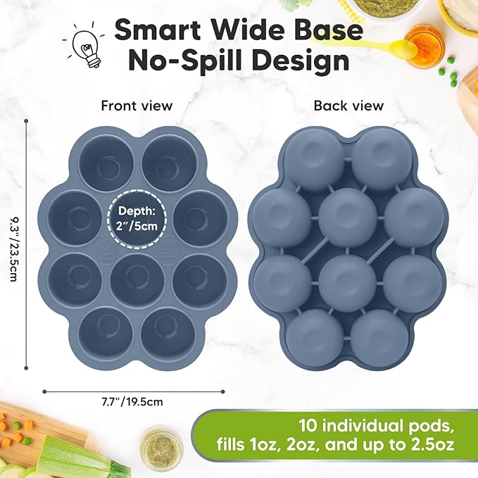 KeaBabies Silicone Food Freezer Trays with Lid, 2oz x 10 Pods Baby Food Storage Containers, Easy Puree Meal Prep, Breast Milk Silicone Freezer Molds, Dishwasher, Microwave Safe, BPA-Free (Slate)-BubblyBeeBaby