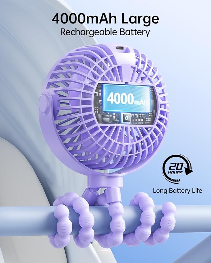 SWEETFULL Portable Stroller Fan with Display 4000mAh Battery Powered Mini Clip On Fan, 4-Speed Rechargeable Small Personal Cooling for Baby Car Seat Crib Travel - Purple-BubblyBeeBaby