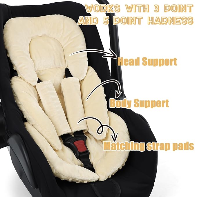 GFU Infant Car Seat Insert Head and Body Support, Reversible Newborn Insert for Carseat with Strap Pads, Soft Stroller Cushion Pillow Insert for Boys and Girls, Fits for Stroller, Swing, Beige-BubblyBeeBaby