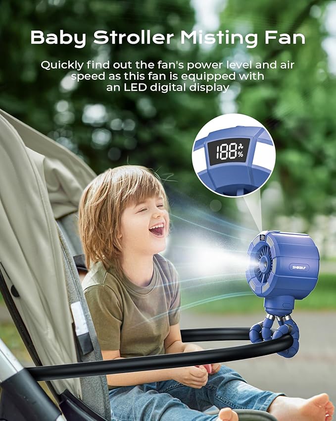 6000mAh Misting Fan for Stroller, 3 Speeds Portable Clip Fan with Intermittent/Continuous Spray, 14H Cooling, Detachable Mount, Timer & Night Light for Baby (100ML Water Tank)-Darblue-BubblyBeeBaby