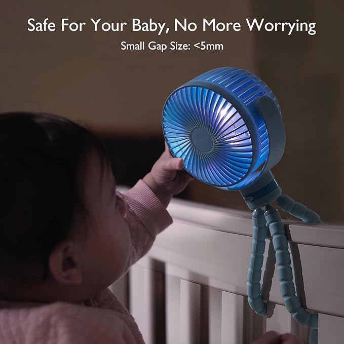 Momcozy Portable Stroller Fan, 8000mAh, 27H Ultra-long Battery Life, Detachable 4 Speed 360°Rotate, LED Night Light with 2 Modes, USB Rechargeable Handheld Cooling Fan for Travel, Car Seat, Bedroom-BubblyBeeBaby