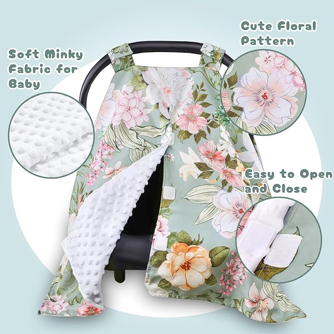 Car Seat Cover Baby, Flroal Infant Car Seat Canopy Covers for Newborn Girls Boys, Soft Breathable Minky Carseat Covers Stretchy Multi-Use Nursing Cover for Stroller Baby Car Seat, Green Leaf-BubblyBeeBaby