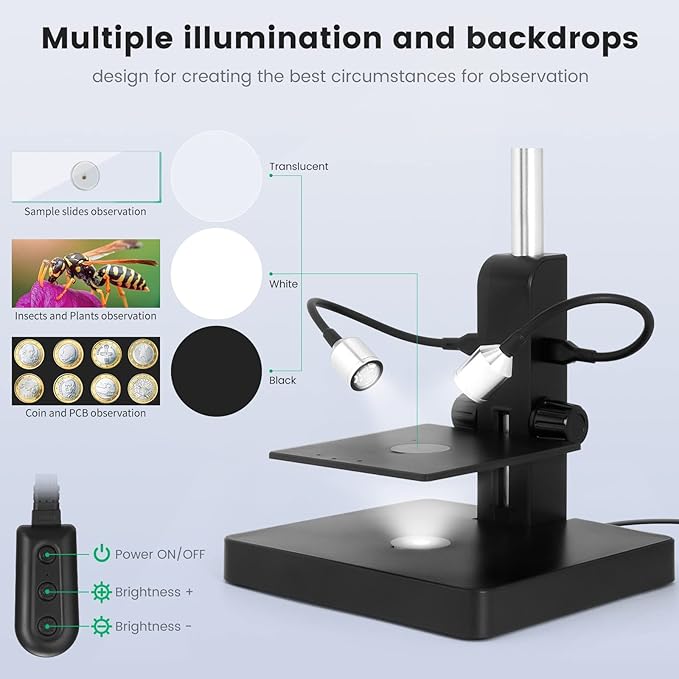 JL246P 3 Lens 7'' LCD Digital Microscope 1000X, Biological Microscope with Prepared Slides for Adults and Kids,12MP for Coin Microscope Full Coin View, 32G Card, Multiple Lights-BubblyBeeBaby