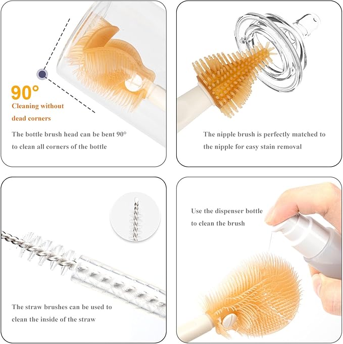 HOEREV Portable Baby Silicone Bottle Brush Set Include Pacifier Brush, Straw Brush, draining Rack, Portable Box-BubblyBeeBaby