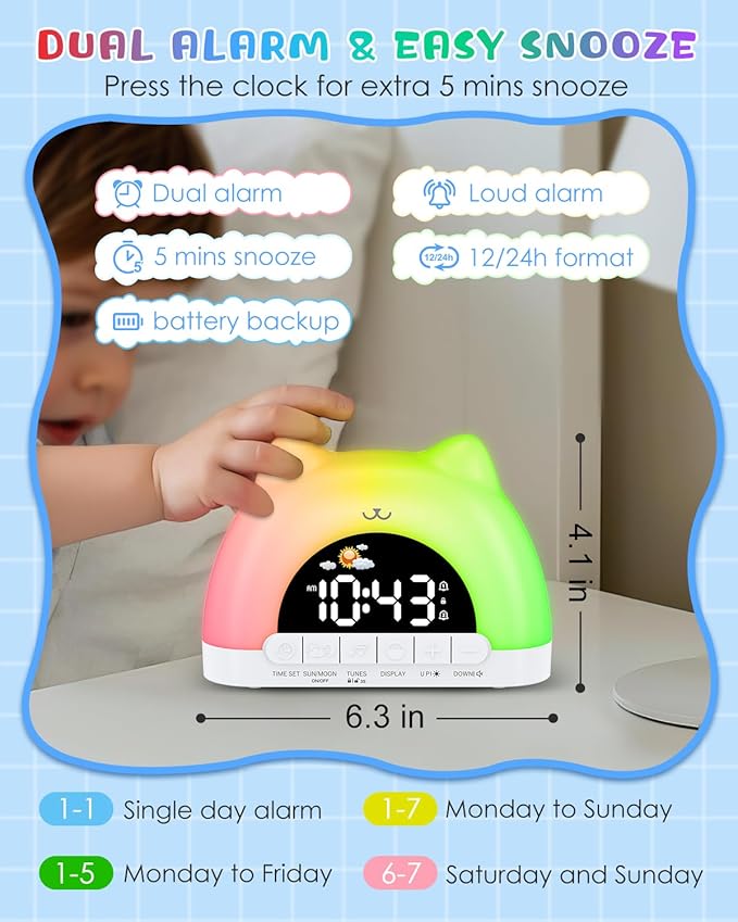 Kids Alarm Clock, OK to Wake Clock for Kids, Cat Clock with 11 Colors Night Light, 10 Soothing Sounds, Child Lock, Dual Alarms, Sleep Training, Birthday Gift for Boy Girls Children-BubblyBeeBaby