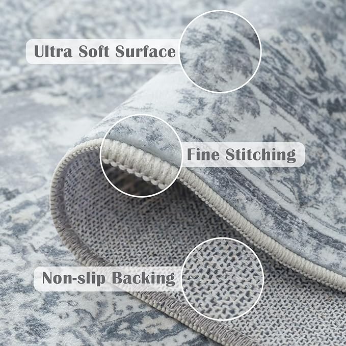 jinchan Runner Rug 2x5 Washable Hallway Runner- Vintage Floral Non Slip Low-Pile Soft Thin Kitchen Rug Distressed Carpet for Farmhouse Bedroom Entryway Laundry Room(2x5ft,Grey)-BubblyBeeBaby