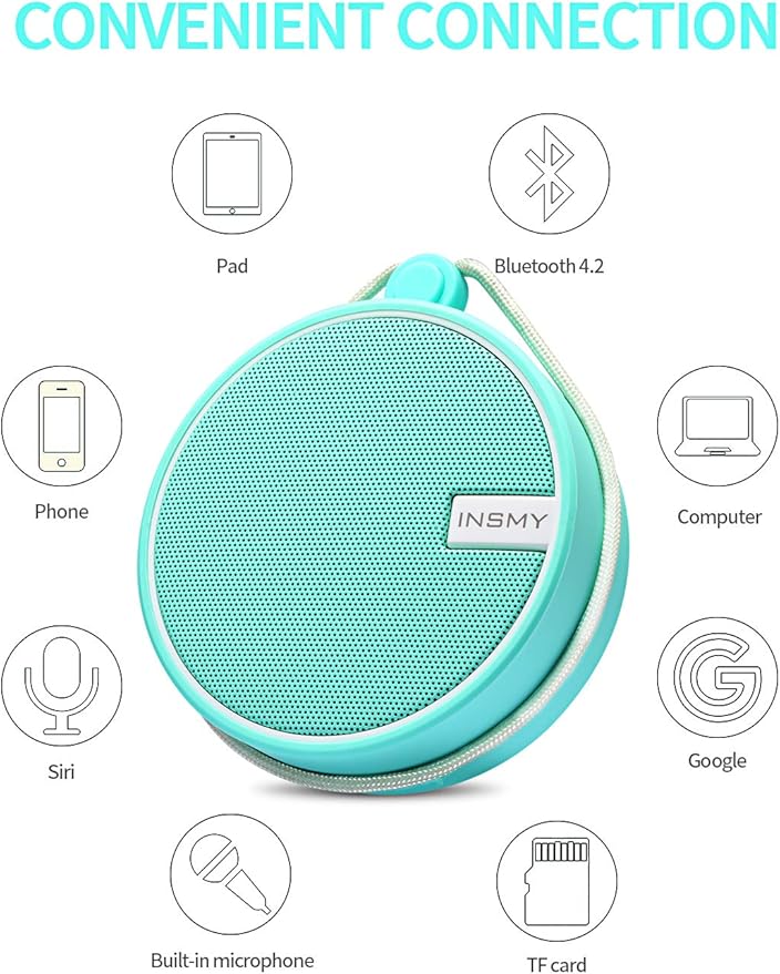 INSMY C12 IPX7 Waterproof Shower Bluetooth Speaker, Portable Small Speaker, Speakers Bluetooth Wireless Loud Clear Sound Support TF Card Suction Cup for Outdoor Kayak Canoe Beach Gift (Mint)-BubblyBeeBaby