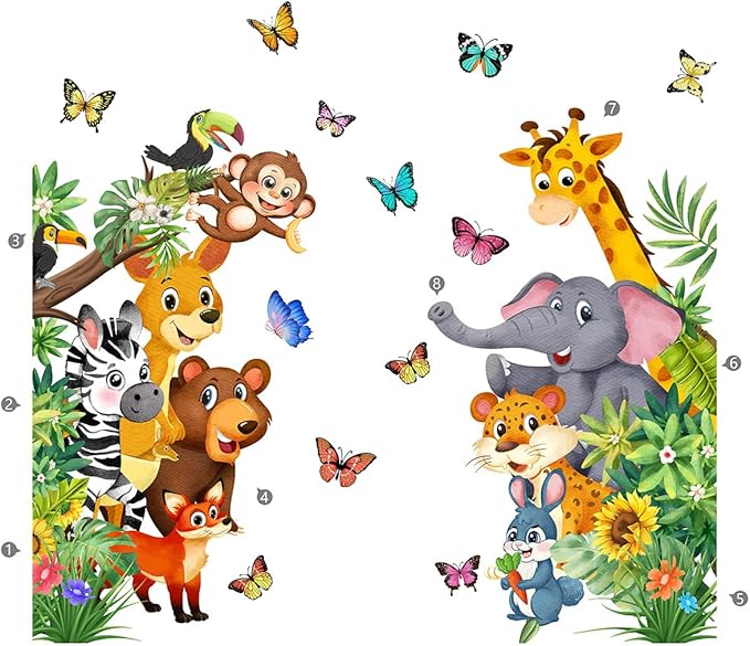 Jungle Animal Wall Decals, Cartoon Animal Sticker Safari Elephant Lion Monkey Wall Decals for Baby Room Playroom Bedroom Classroom Kindergarten Decor-BubblyBeeBaby