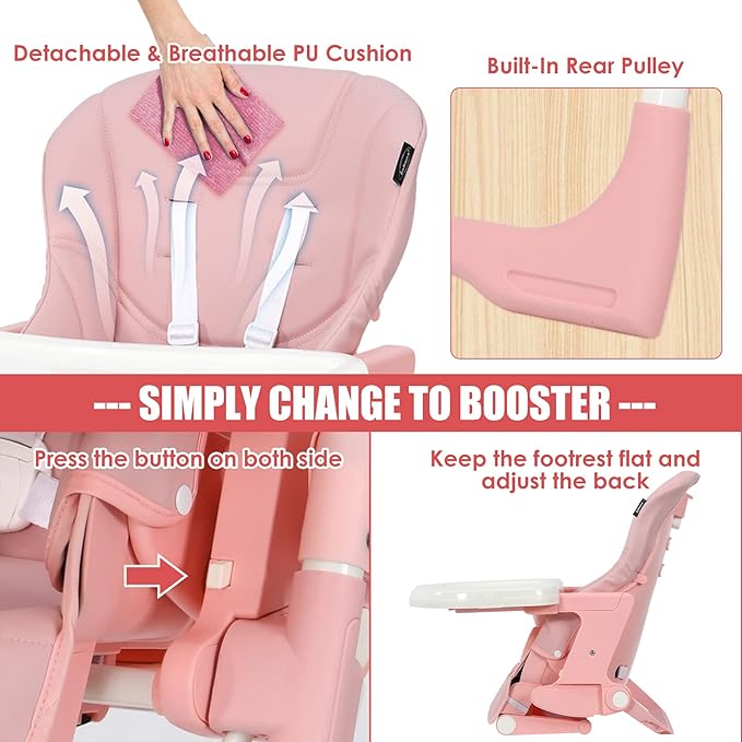 INFANS 4 in 1 High Chair–Booster Seat, Convertible Highchair w/Adjustable Height and Recline,Removable Tray,DetachableCushion, Installation-Free,Simple Fold for Baby, Infant& Toddler (Pink)-BubblyBeeBaby