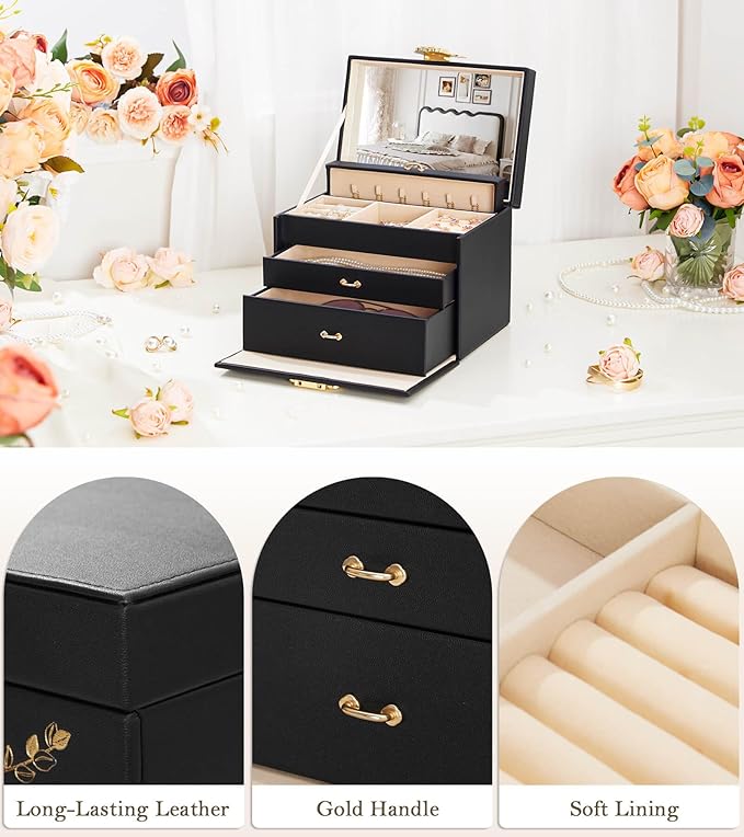 Jewelry Box with Lock for Girls: Jewelry Organizer for Dresser - 3-Drawer Earrings Storage Girls Women Gift (Black)-BubblyBeeBaby