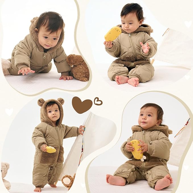 JiAmy Baby Snowsuit Newborn Winter Clothes Coat Romper Windproof Fleece Hat Zipper Baby Bear Outfit-BubblyBeeBaby
