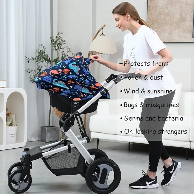 Car Seat Covers for Babies - Multi-use Carseat Canopy Cover Breastfeeding Covers, Stroller Canopy Cover (Navy Dinosaur)-BubblyBeeBaby