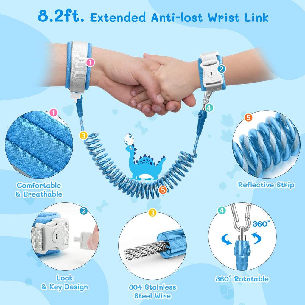 Dr.meter 3 in 1 Toddler Harness Leash + 8.2ft Anti Lost Wrist Link, Cute Dinosaur Kids Safety Harness with Key Lock, Child Walking Harness Assistant Strap for Outdoor Activity Travel