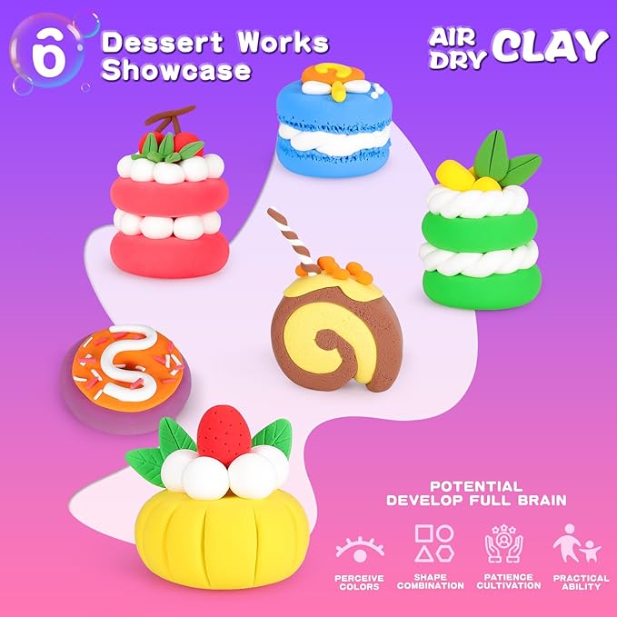 ifergoo Air Dry Clay Kit for Kids - Cakes Modeling Clay, Includes 6 Dessert Designs and Display Stand, DIY Art & Crafts School Projects, Home Party Kids Toys, Holidays Gifts for Age 3-12 Girls & Boys-BubblyBeeBaby