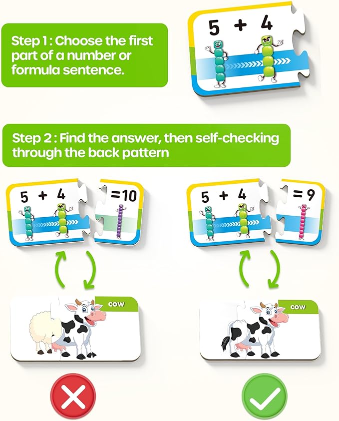 D-FantiX 30 Self-Correcting Number Puzzles, Double-Sided Addition and Subtraction Games, Kindergarten Math Games for Kids, Montessori Math Puzzles Educational Toys Preschool Learning Activities-BubblyBeeBaby