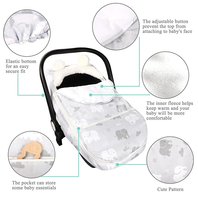Carseat Cover Boys, Winter Cozy & Warm Cover, Elephant Baby Car Seat Cover, Infant Car Seat Canopy, Ultra-Soft Breathable Protect Baby from Cold Wind, Zipped Removable Design-BubblyBeeBaby
